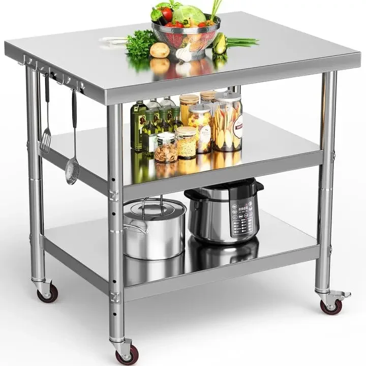 NSF Stainless Steel Table, 30" X 24" Work Table with Wheels, 3 Shelves Metal Table Prep Table for Home Kitchen Restaurant Garage