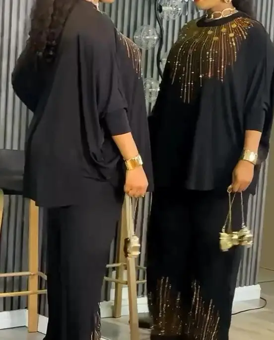 2-piece round neck bat sleeve loose top and elastic waist wide leg pants set casual gold rhinestone and sequin decoration set