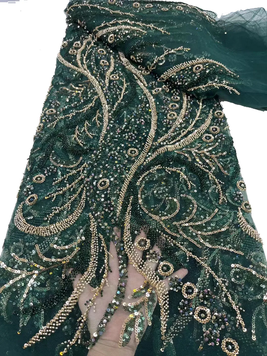 Green Latest Nigerian Lace Fabrics Fashion Women African Tull Lace Luxury Handmade Bead Sequins Fabrics For Wedding 5yards