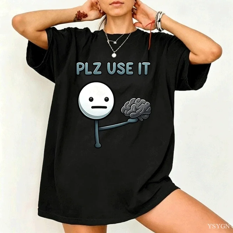 Funny Illustration Brain T-Shirt Humorous Stick Figure Brain Graphic Print Short Sleeve Tee Trendy Minimalist Streetwear Top