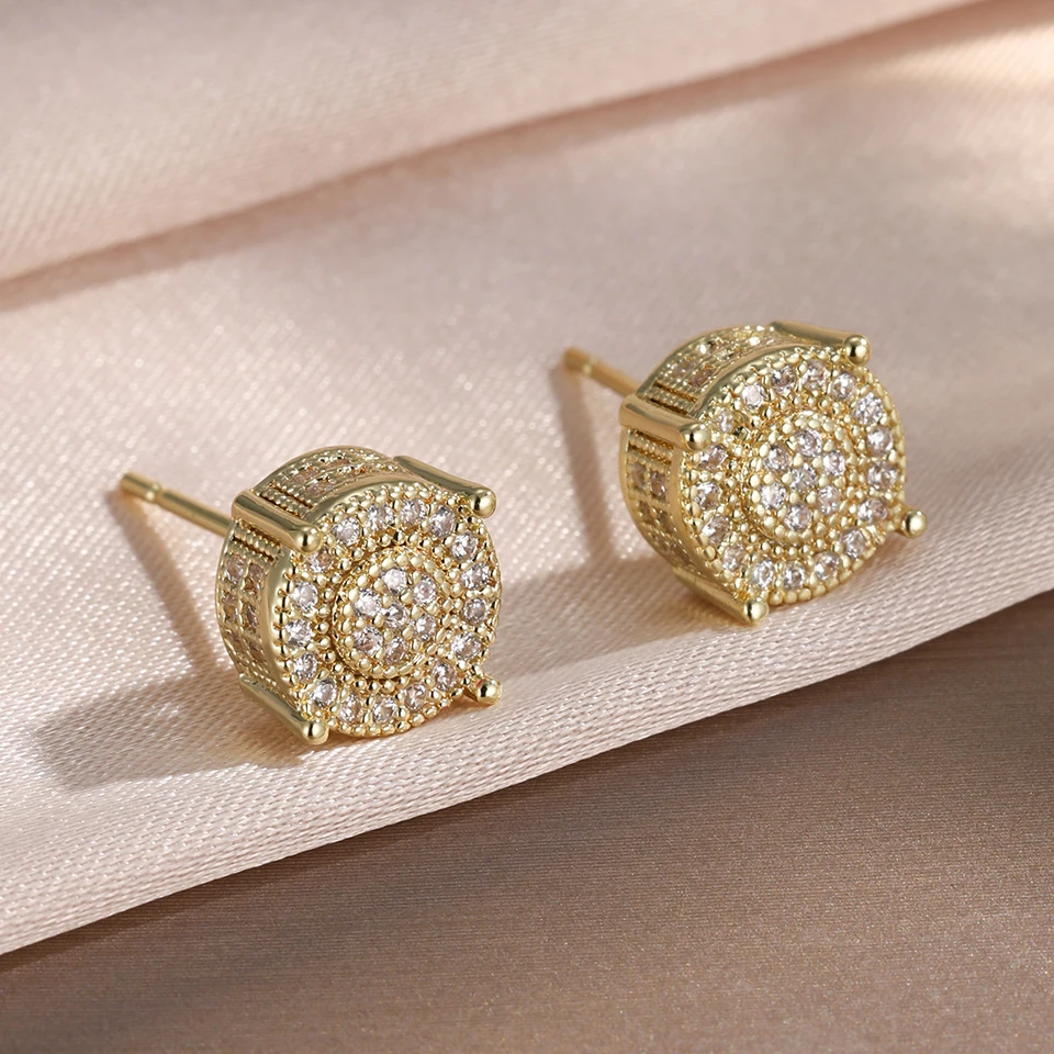 ZAKOL Gold Silver Color Iced Out Round Ear Studs for Women/Men Clear Zirconia Hip Hop Trend Piercing Ear Accessories Wholesale