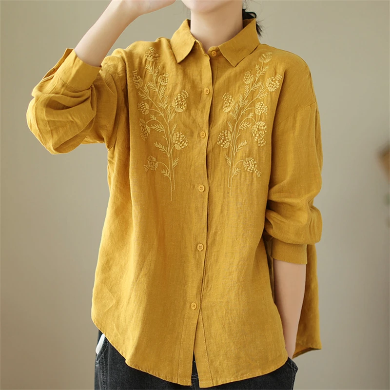 Women Vintage Embroidery Cotton Linen Button Shirts 2024 Spring Autumn Fashion Lapel Blouses Casual Solid Long Sleeve Loose Tops