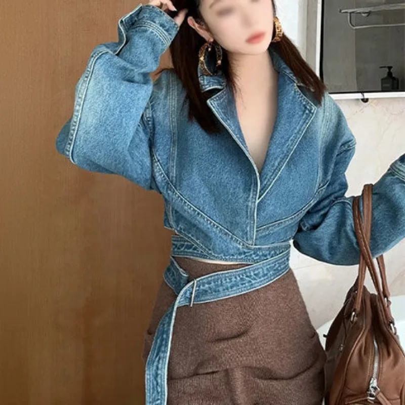 Y2k Blue Washed Vintage Long-Sleeve Denim Jacket Belt Autumn New Loose Unique High-Street Cropped Top Jeans Coat Streetwear New