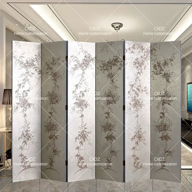 Classical Solid Wood Folding Screen Hand Painted Silver Foil Mobile Partition for Home Entrance Living Room Bedroom Simple
