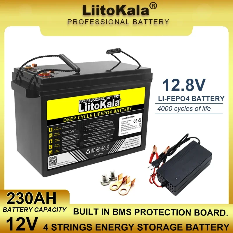 LiitoKala 12.8V 230Ah LiFePO4 battery with 12V 4 string Built in BMS For Yacht Campers Golf Cart Off-Road Solar Wind Duty-free