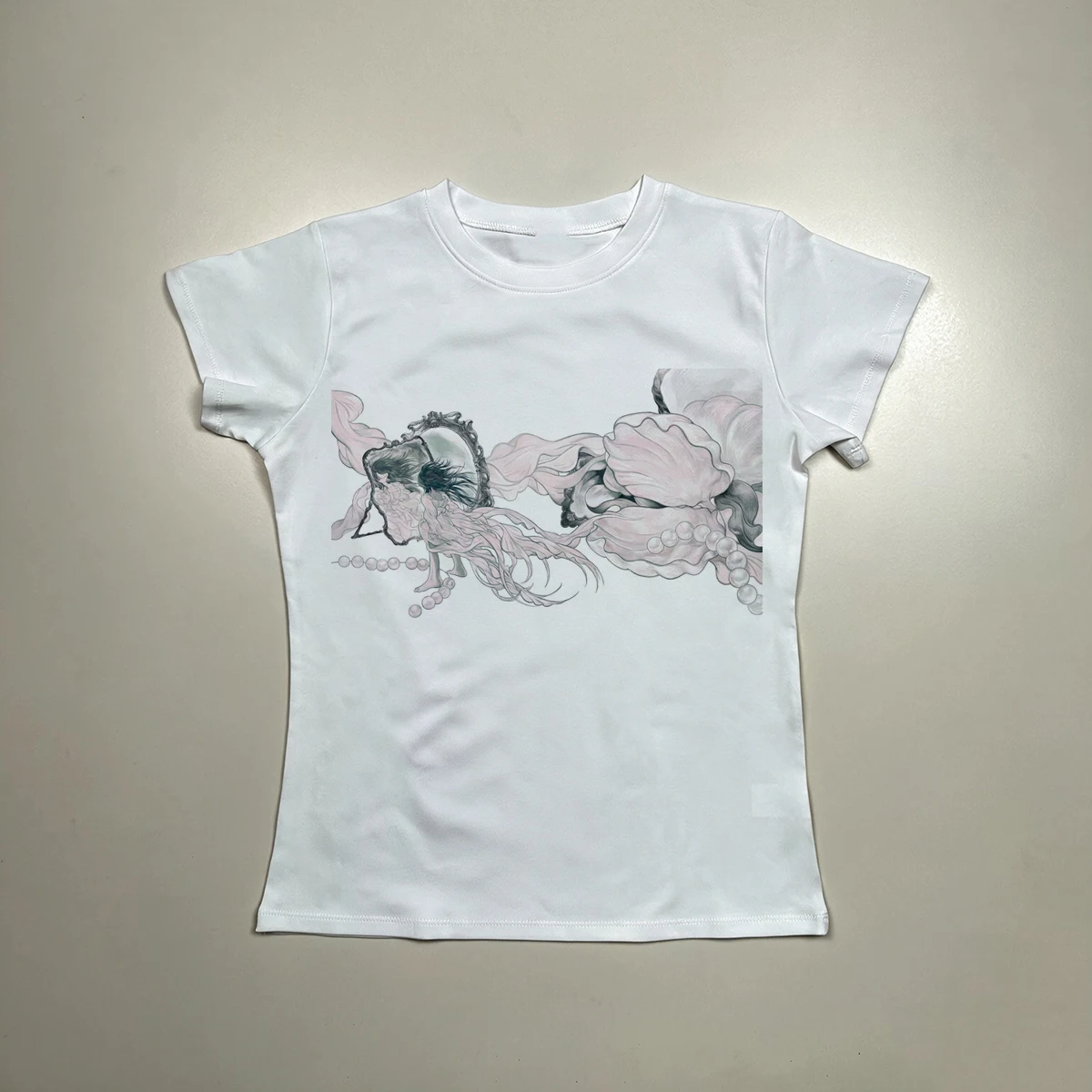 Vintage Mermaid Mirror Pearl Floral Art T Shirt Women Coquette Aesthetic Sketch Print Short Sleeve Beige Ladies Crop Graphic Tee