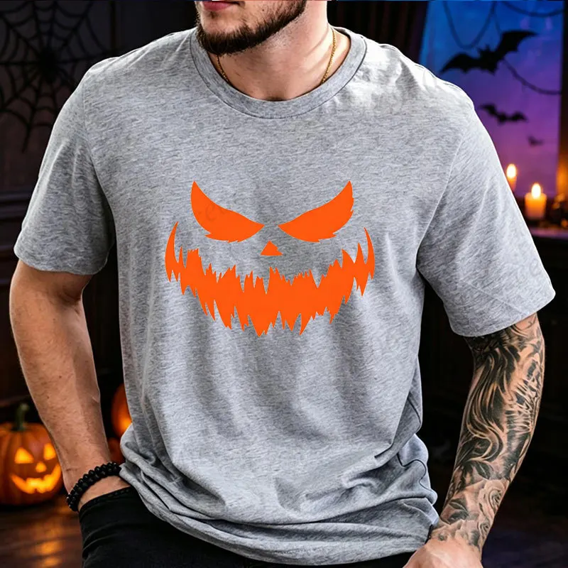 Halloween-T-Shirt mit gruseligem Kürbisgesicht, minimalistisches Design, Oversize-Schnitt, lässiges T-Shirt, für Herren, Unisex, Halloween-Party-Kostüm, Oberteil. – Detail 4