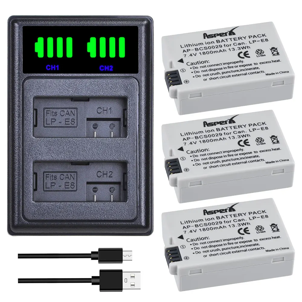 

AsperX 3Pc LP-E8 LP E8 LPE8 Camera Battery Li-ion Bateria + USB Dual Charger for Canon EOS 550D 600D 650D 700D T2i T3i T4i T5i