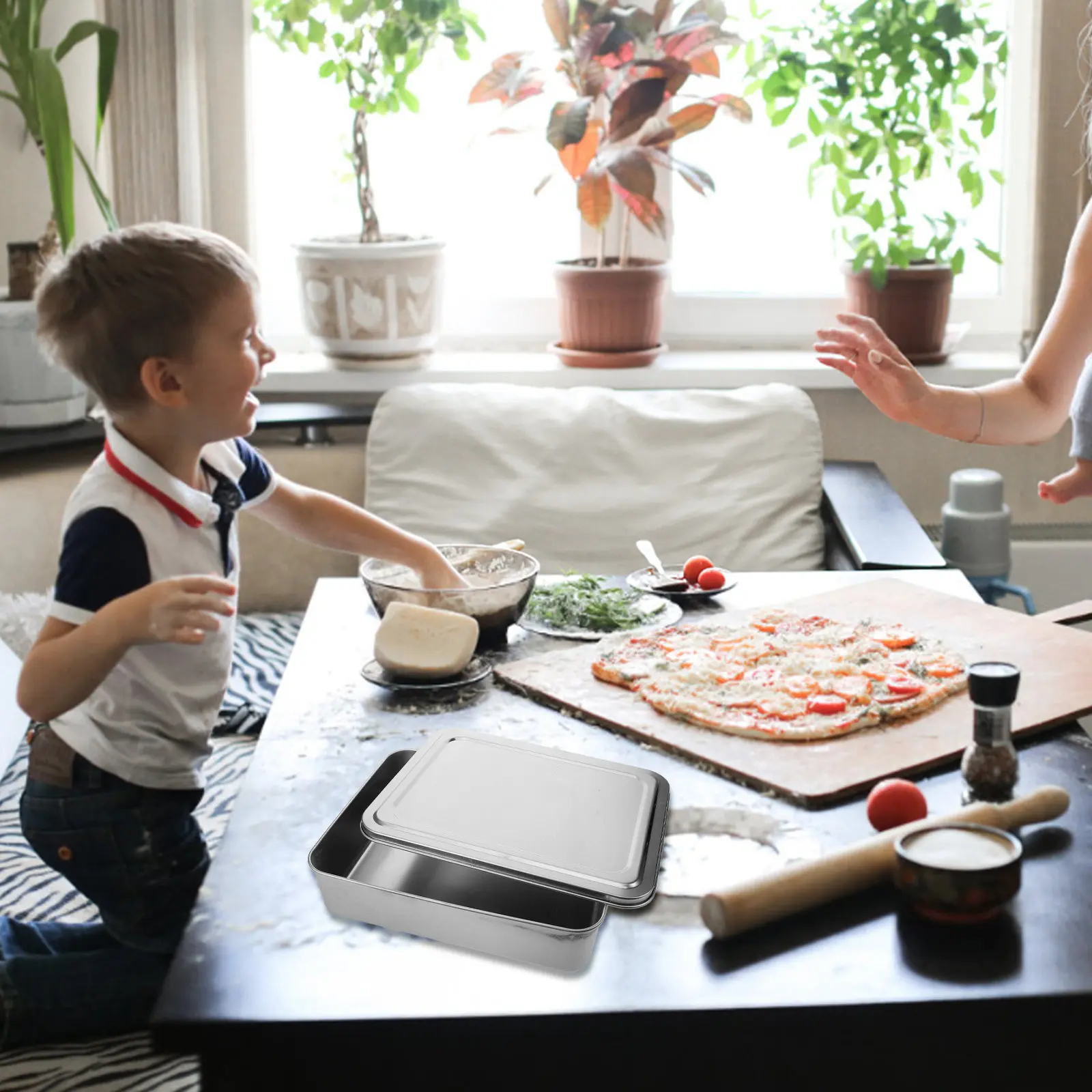 

1Set Stainless Steel Ice Jelly Tray with Lid Square Multi Purpose Cake Dessert Serving Plate for Home Restaurant Party