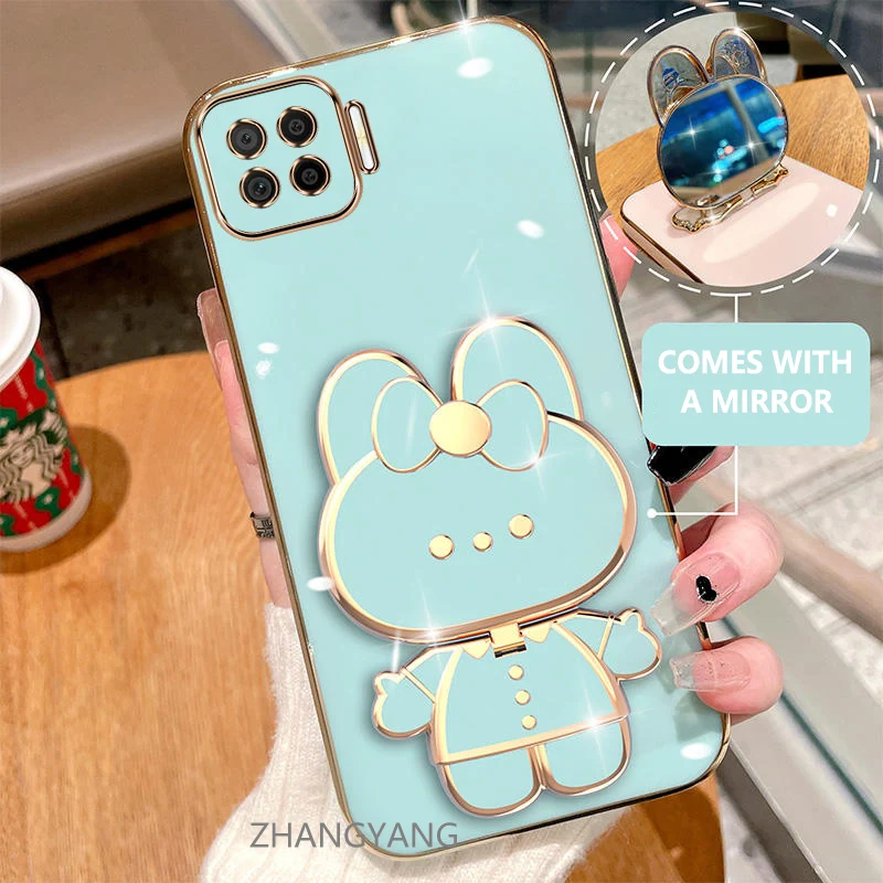 

Case For OPPO A73 4G A93 4G F17 F17 PRO reno 4F Electroplated straight edge silicone phone case cute 3D rabbit with built-in mir
