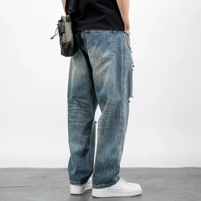 

Light Blue Man Cowboy Pants Broken Trousers Ripped Jeans for Men with Holes New Rock Torn Hip Hop Y2k Streetwear Kpop 2024 Trend