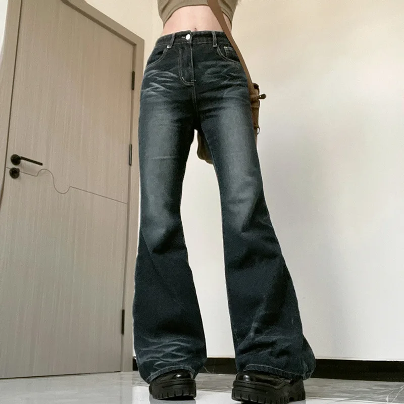 Y2K – jean à taille moyenne et jambes larges pour femme, pantalon Denim évasé, Stretch, Slim, couleur unie, Streetwear, à la mode