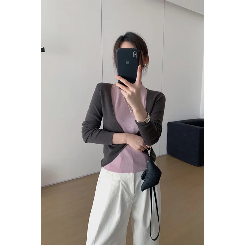 スリムフィット カラーブロ ロングスリーブ ニットセーター レディース ベースレイヤー トップス Vネック 韓国風 通勤ファッション