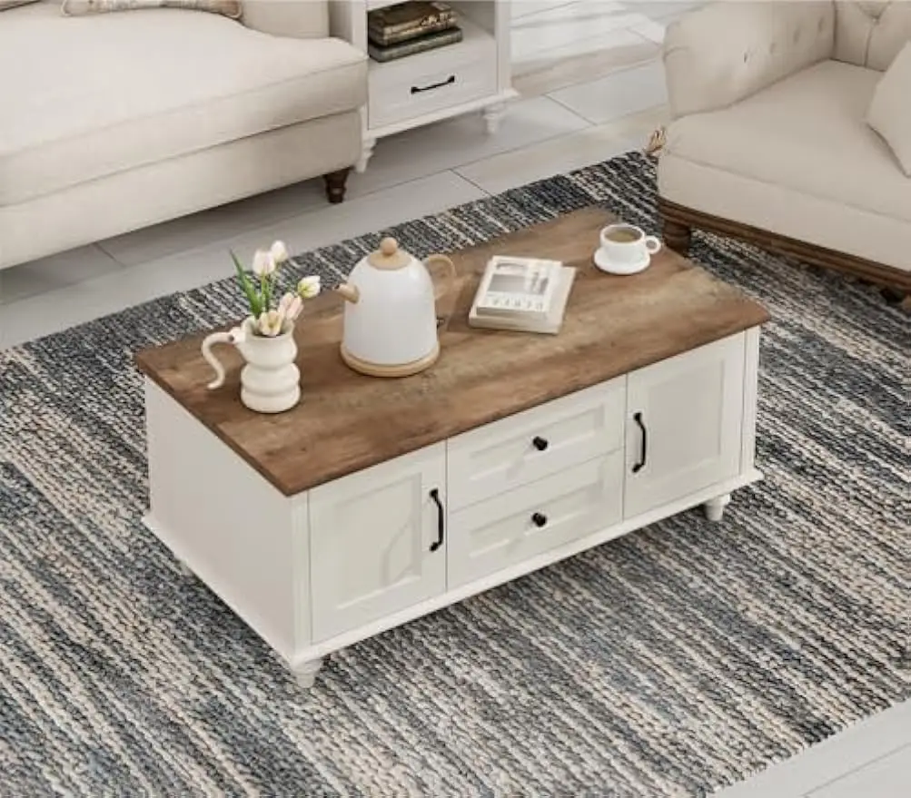 WAMPAT White Coffee Table with Drawers & Storage Cabinet, Modern Rectangle Center Table for Living Room, Rustic Wooden Cocktail