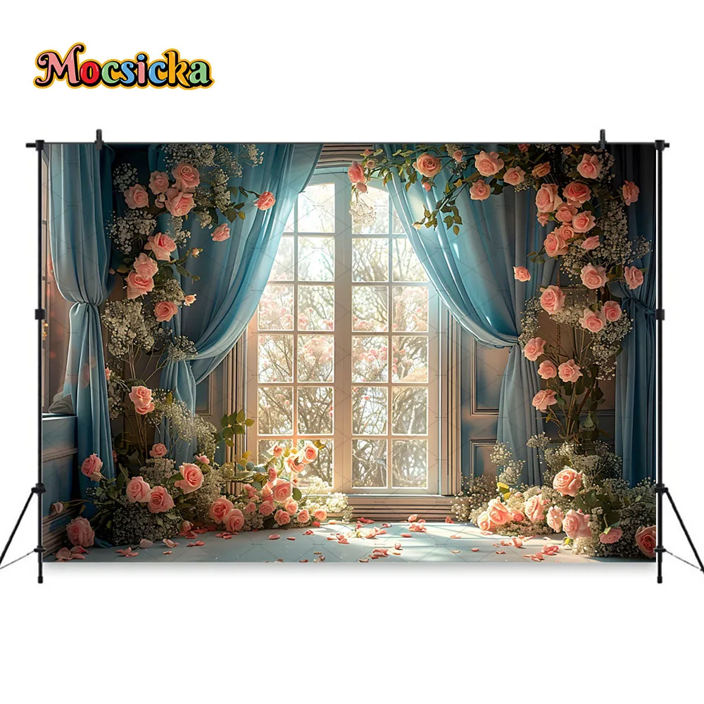 Mocsicka Sunshine Bower Photography Backdrop Retro Window Curtains Flower Backgroun Girls Boudoir Kids Baby Show Photo Studio