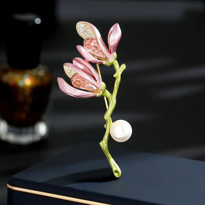

High-end vintage pearl brooch accessories with a sophisticated floral lacquered crystal zircon magnolia brooch