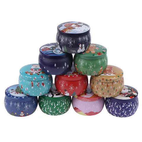 Christmas Tinplate Round Candy Tin Can Candle Jars With Lid Candle Container Empty Box Cookie Candy Storage Gift Case