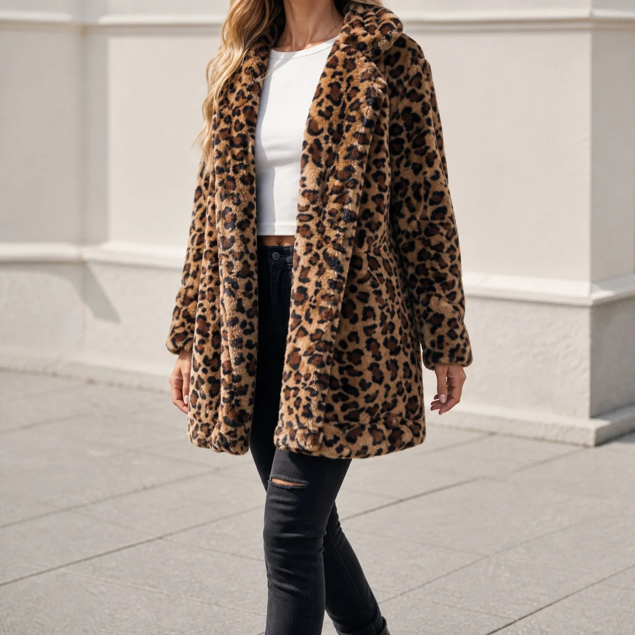 Women's Winter Female Leopard Print Oversized Velvet Coat Mid Long Length Notched Collar Long Sleeve Streetwear Urban Wrinkle