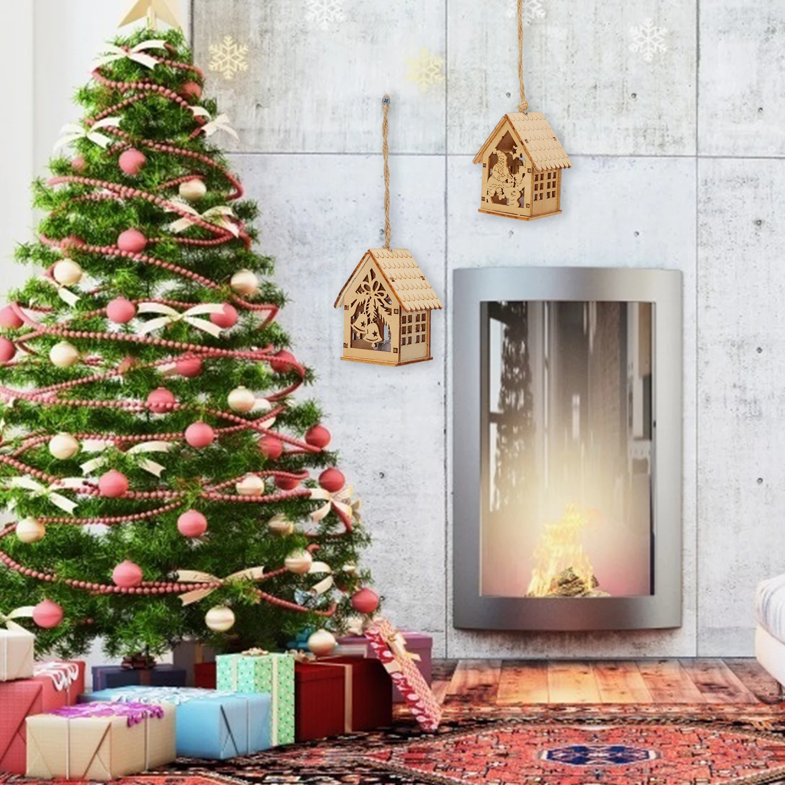 

2Pcs Creative Xmas Wooden Luminous Pendant High Class Material Glowing Decor Wood Craft Decor Christmas Pendant