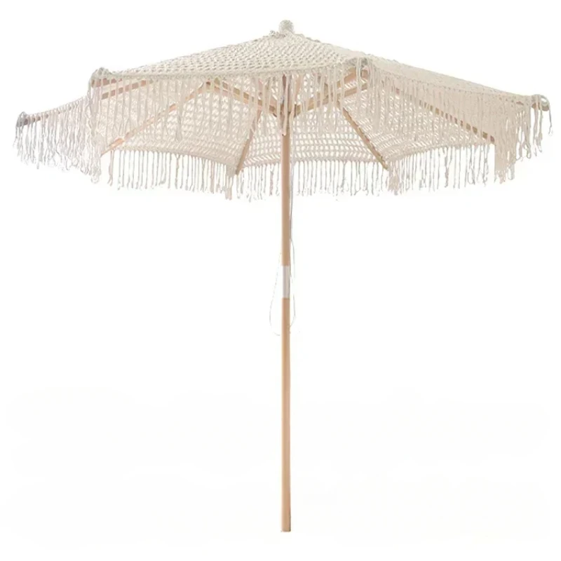 Bohemia Cotton Rope Parasols 2.5M Wooden Pole Handmade Tassels Woven Canopy Beach Umbrella With Macrame Fringe