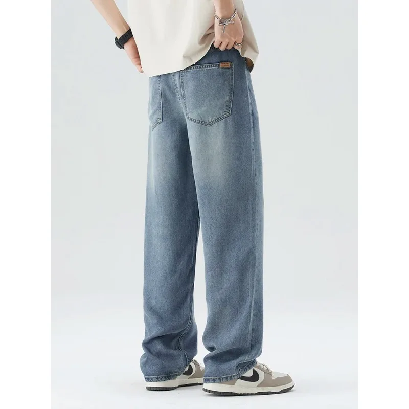 Primavera Verano pantalones vaqueros sueltos finos para hombres Lyocell drapeados suaves pantalones sueltos de moda Streetswear Vintage recto Y2K pantalones vaqueros