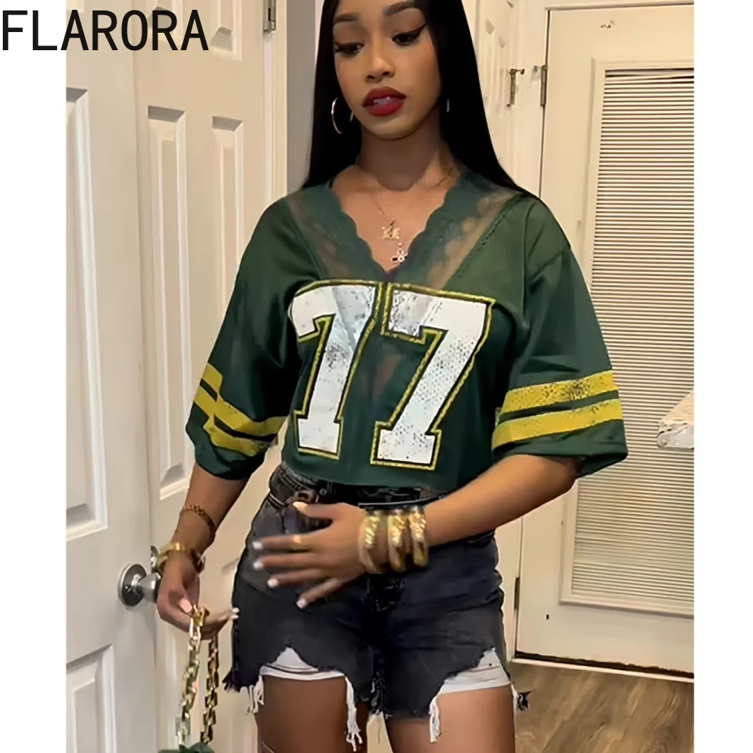 

FLARORA Y2k Streetwear Number Printing Tops Woman V Neck Lace Patchwork Basketball T-shirt Summer Female Loose Crop Top 2025 New