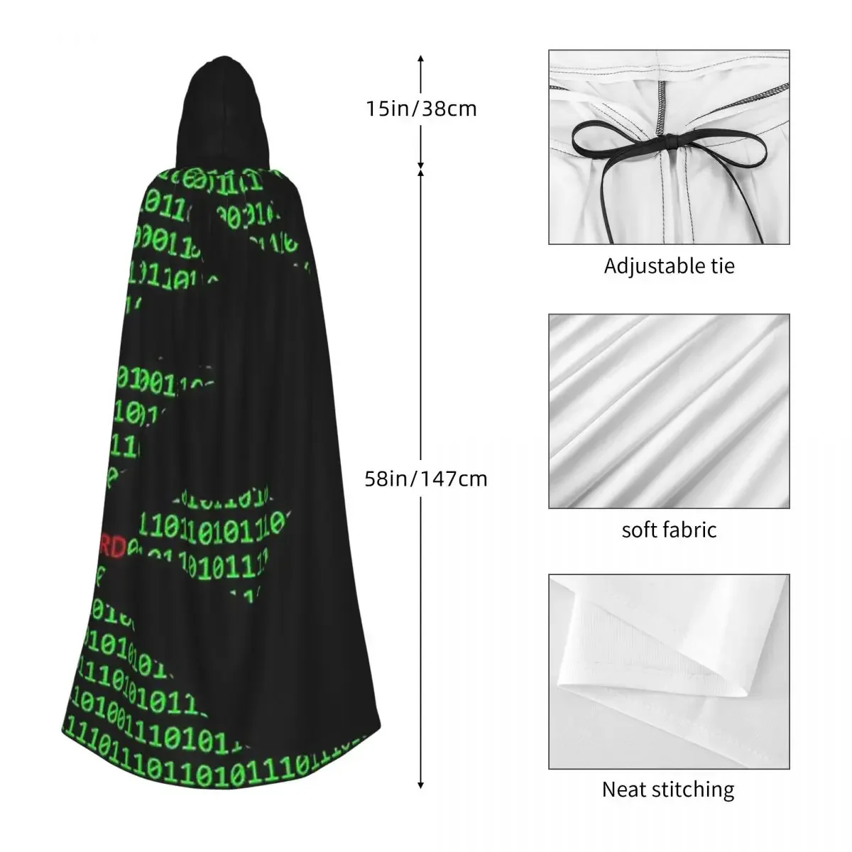 Custom Hacker Code Binary Code Geek Science Computer Long Hooded Cloak Witch Medieval Costume Cosplay Cape HalloweenCoat Adult U