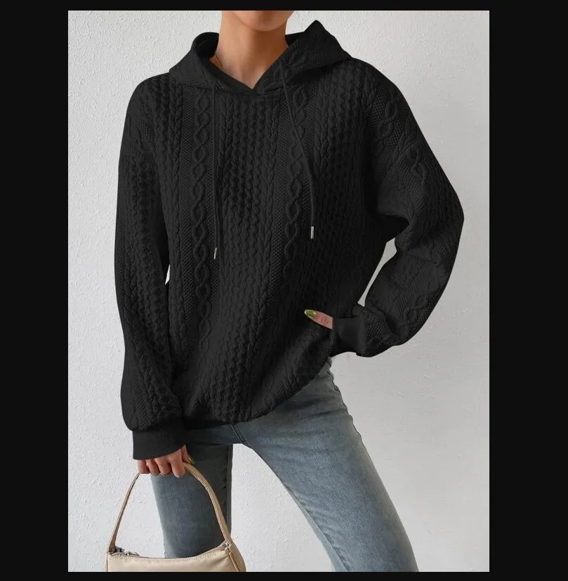 Women's Oversized Medium Weight Long Sleeve Solid Color Hoodie with Drawstring Casual Mid-Length Jacquard Women's Sweatshirt