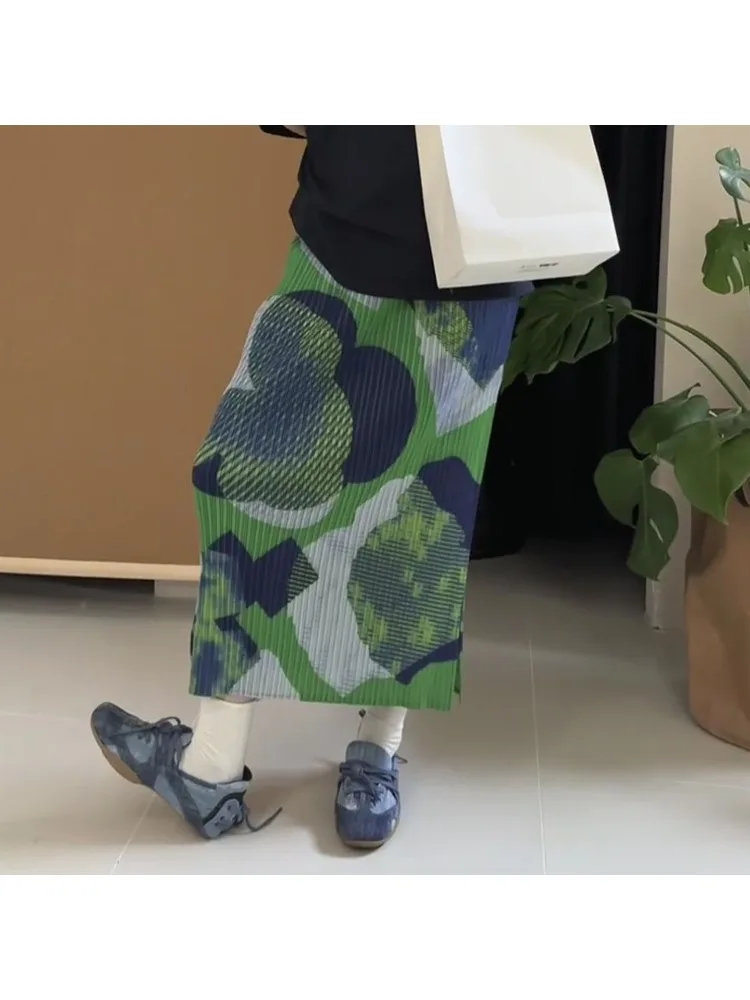 

Женская плиссированная зеленая юбка с принтом Miyake летом 2023 года, тонкая прямая юбка-труба, модная длинная юбка трапециевидной формы