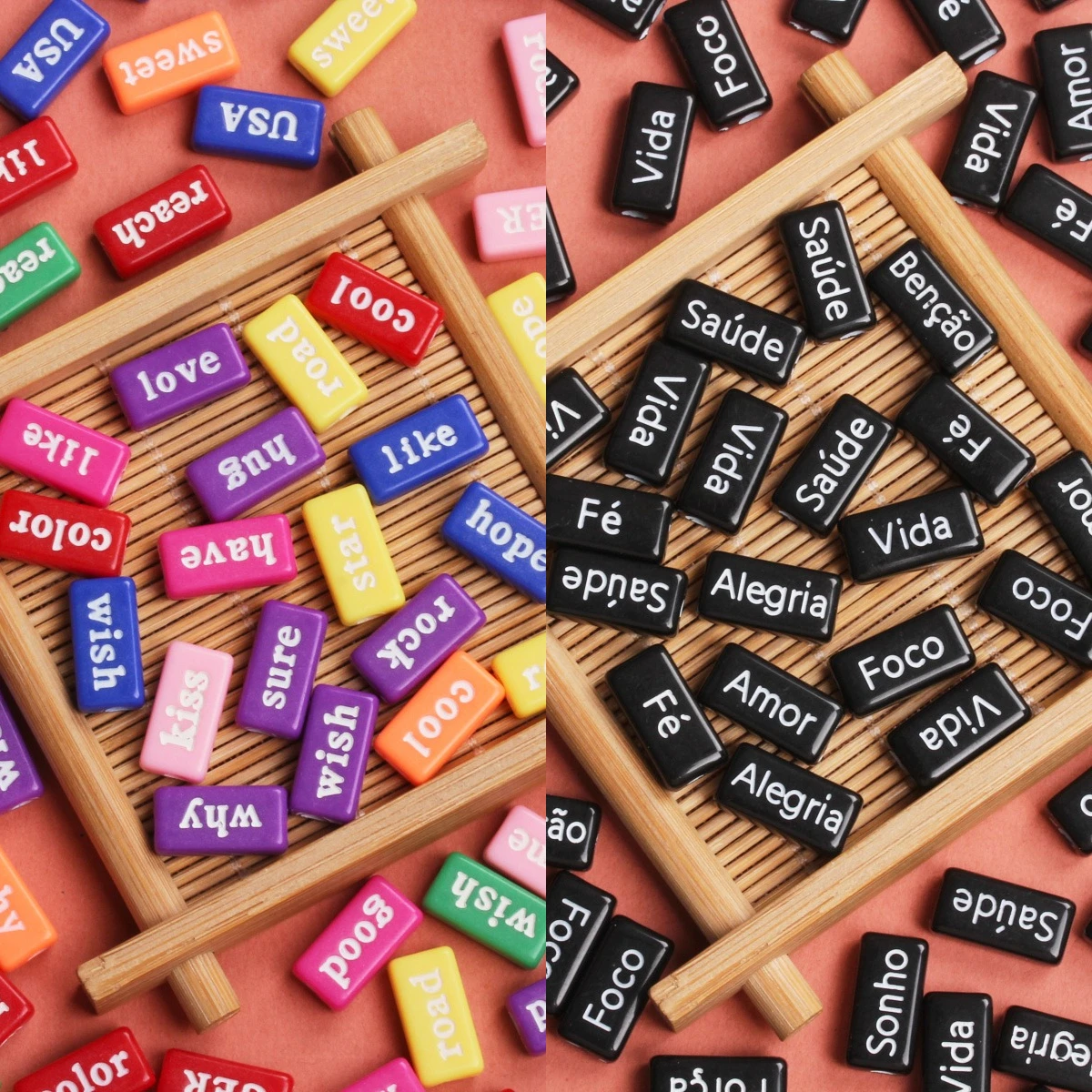 10PCS 14.5*7.5mm English French Words Rectangular Letter Beads For DIY Bracelets Phone Chain Making Handmade Crafted Material