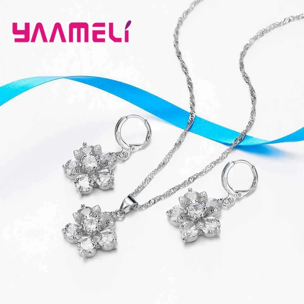 Silver 925  Statement Necklace Earring Jewelry Set For Anniversary Accessory Women Cubic Zircon Bridal Wedding