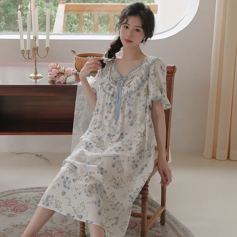 Women Casual Printed Cotton Nightdress  Sweet Ruffle Decoration V-Neck Short Sleeves Nightdress Loose Design Nightgown Homedress