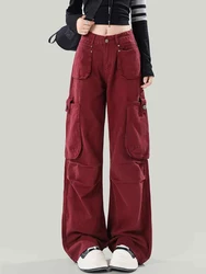 Vintage Red Cargo Jeans Women Streetwear Fashion Korean Style Burgundy Baggy Punk Pants Multi-Pocket Trousers y2k pants