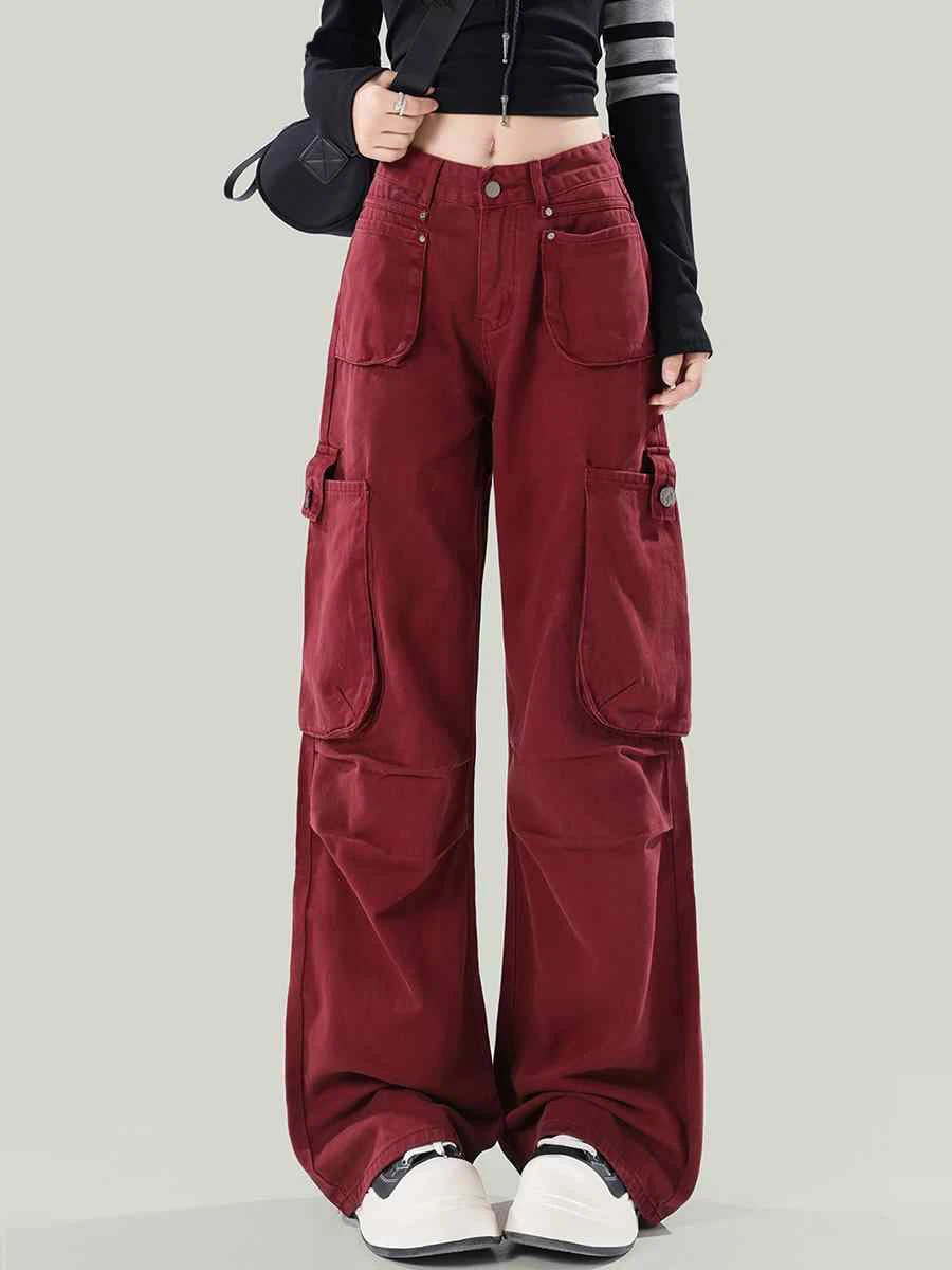 Vintage Red Cargo Jeans Women Streetwear Fashion Korean Style Burgundy Baggy Punk Pants Multi-Pocket Trousers y2k pants