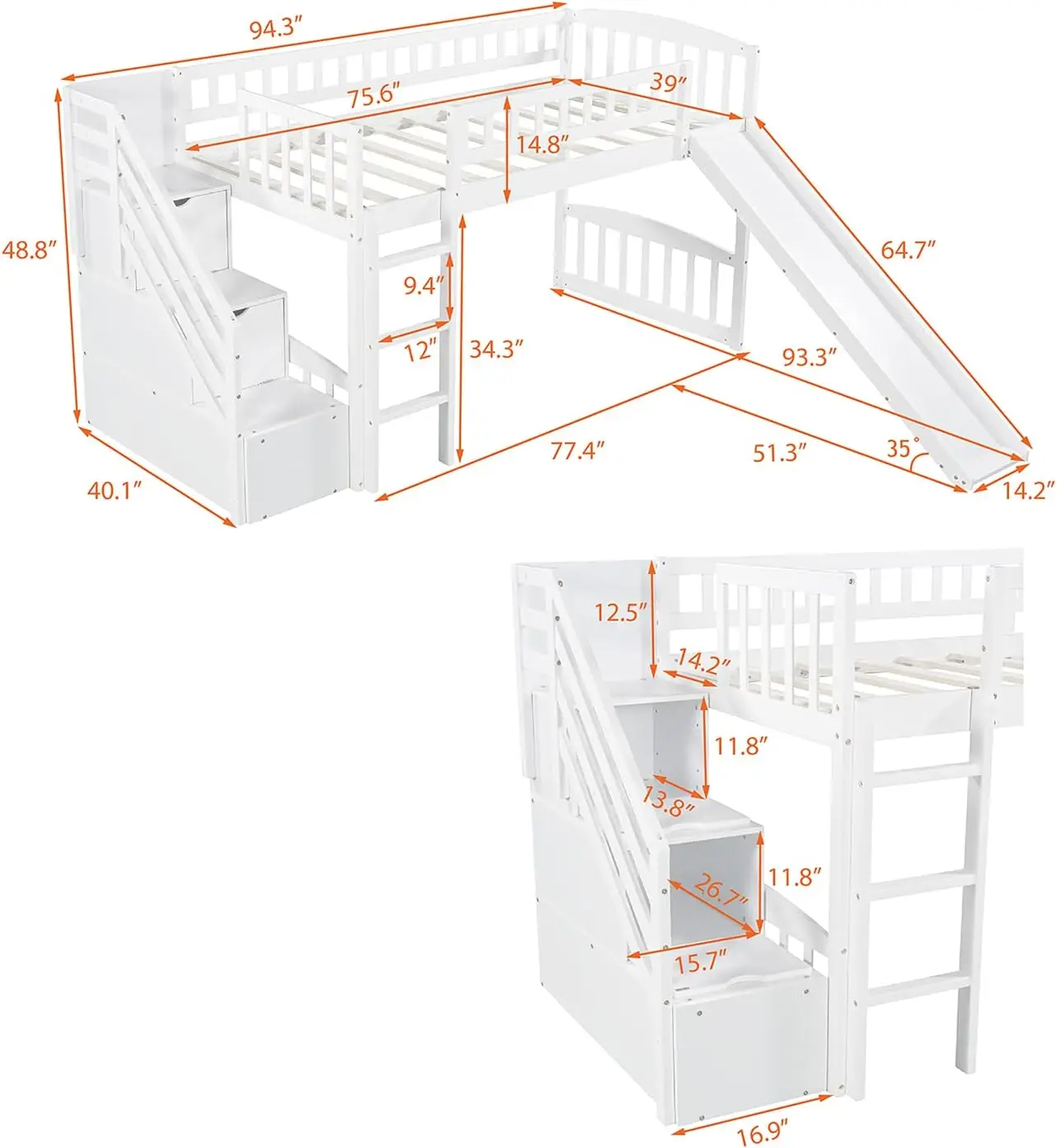 Twin Loft Bed With Slide For Kids, Wood Slide Loft Bed With Stairs And Built-In Ladder, No Box Spring Needed,White