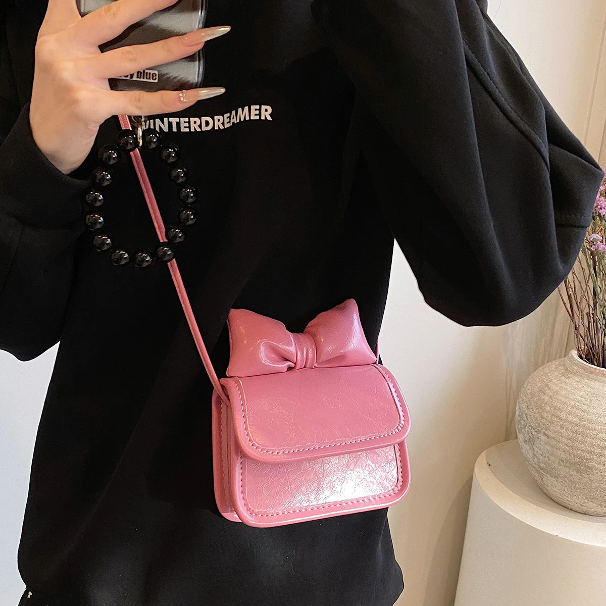 Cute Bow Crossbody Bag For Women Kid Korean Fashion Leather Solid Shoulder Bags Lipstick Storage Purses Y2K Trend Messenger Tote