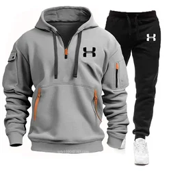 Novos conjuntos masculinos agasalho outono masculino multi-bolso zíper hoodie + calças esportivas de duas peças lazer fitness esportes conjunto de roupas masculinas