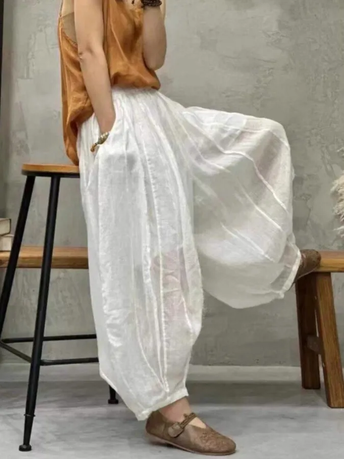 Retro Patchwork Double Layer Lantern Pants Loose Slimming Large Size Pumpkin Pants Women Summer Casual Wide Leg Trousers