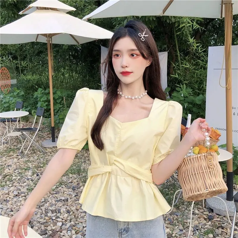 Summer Hot Short Sleeved Shirt Women with A Niche Design Thin French Style Waist Cinching Slimming Bubble Sleeve Top