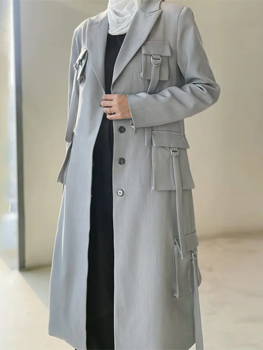 

Grey Cotton Women Suit Skirt Long Blazer Windbreaker Prom Dress Autumn Formal Office Lady Business Jacket Coat Outfit Pocket