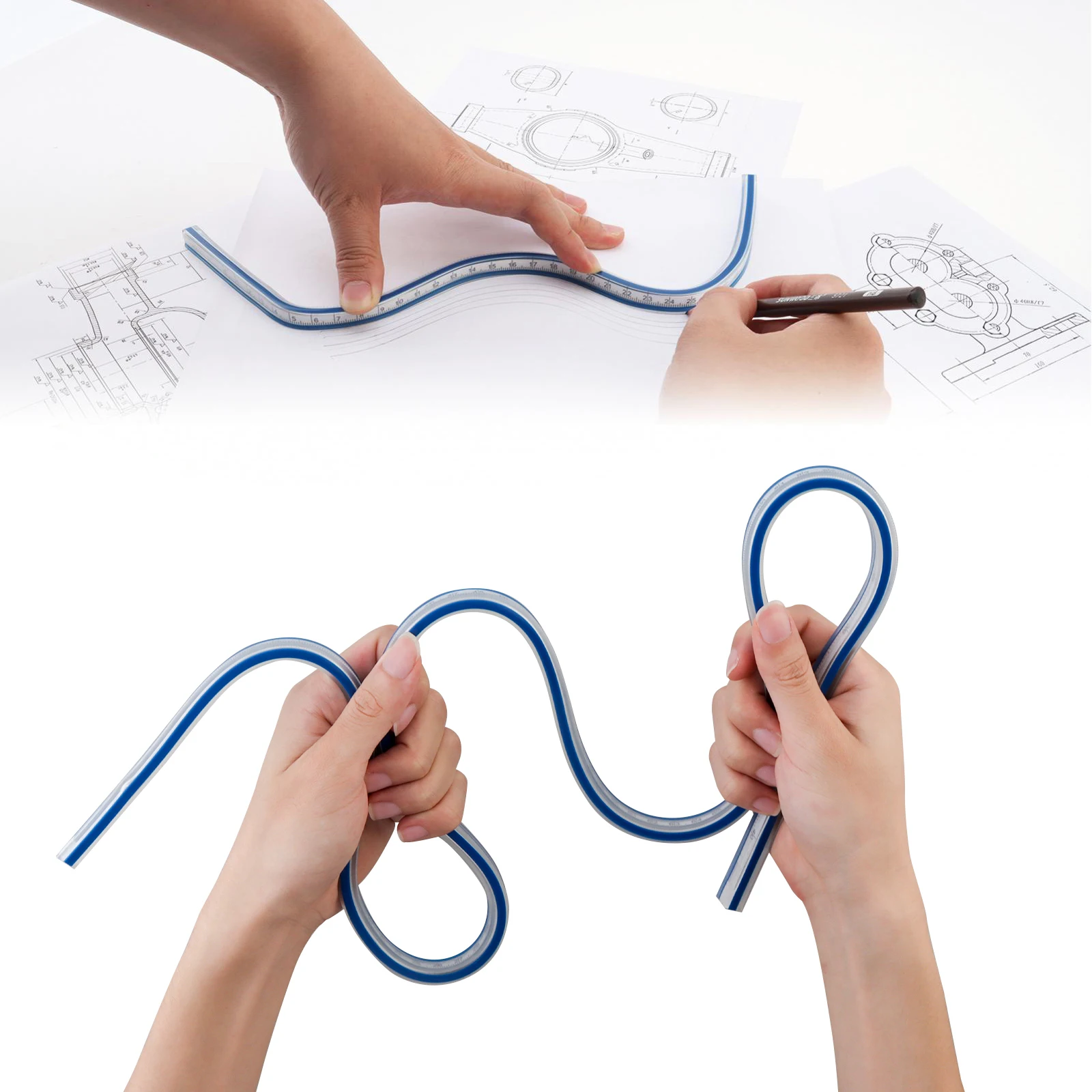 Ferramenta de medição de régua curva flexível de escala dupla imperial e métrica para desenho/costura/carpintaria 30-60cm 75cm 90cm 100cm