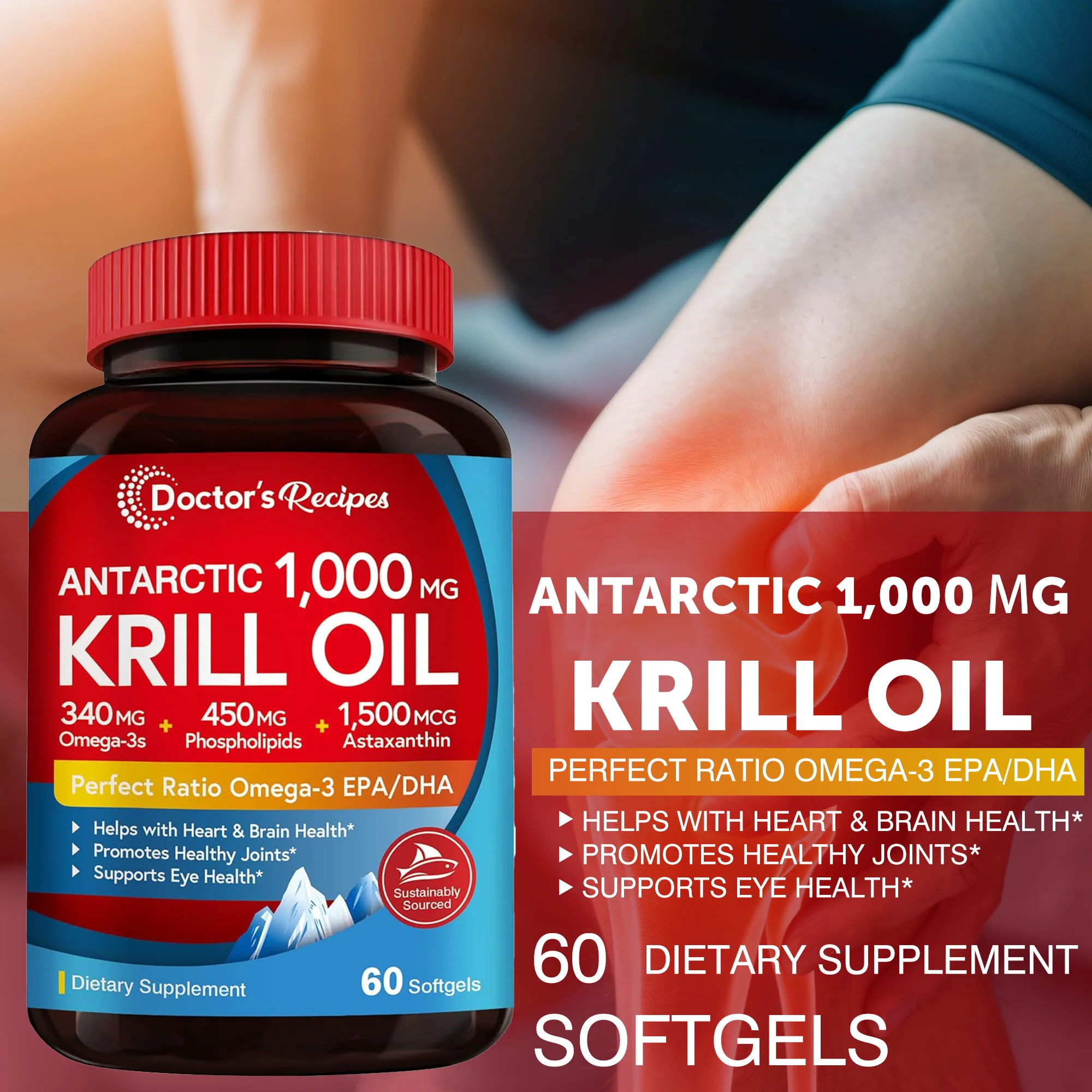 Antarctic Krill Oil Supplement - Joint and Skin Health Support Immunity Cardiovascular, Non-Gmo