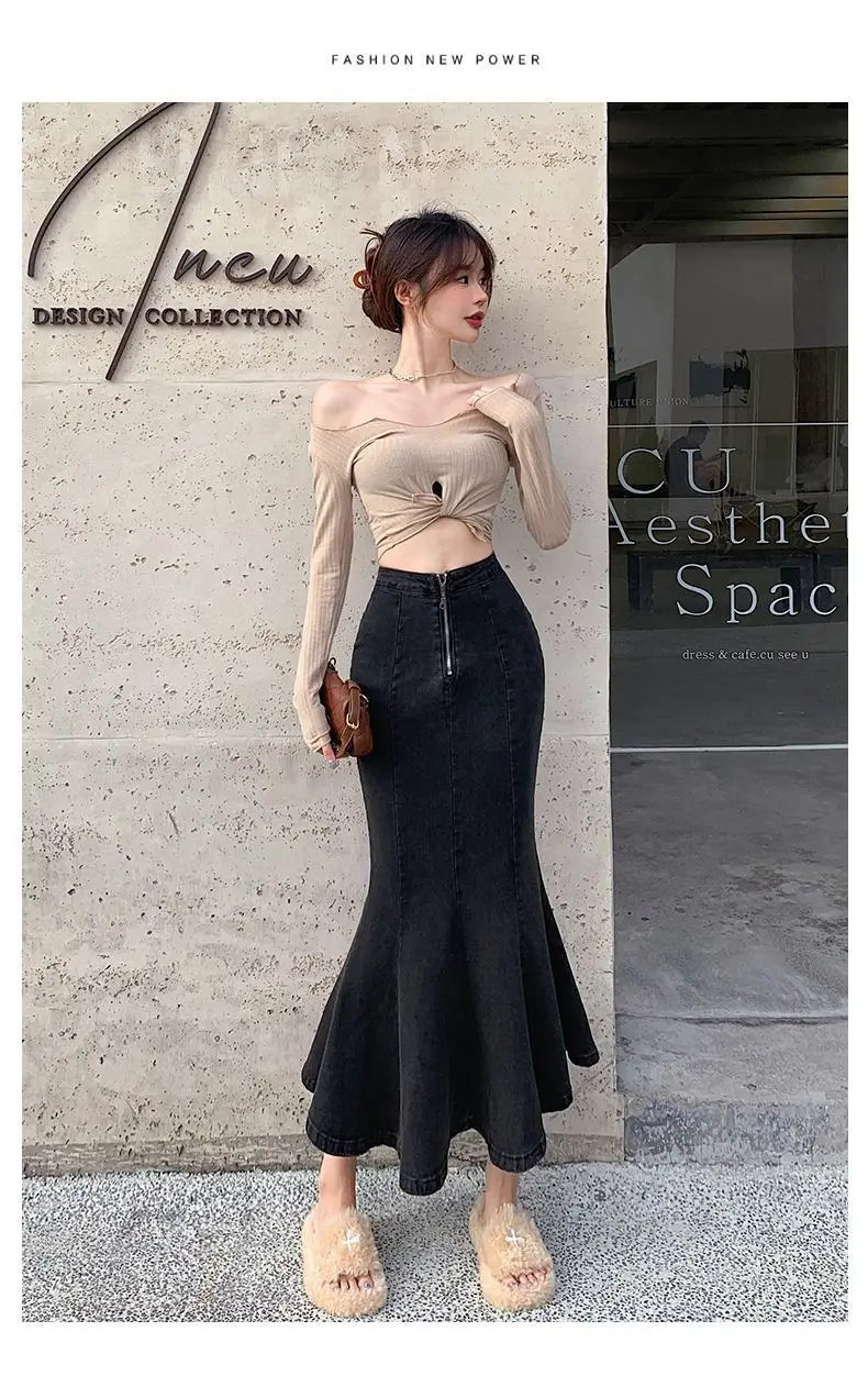2026 Solid Slimming High Waist Midi A- Line Skirt Woman Trumpet Sides for Women Denim Half-length Skirt with Flounce
