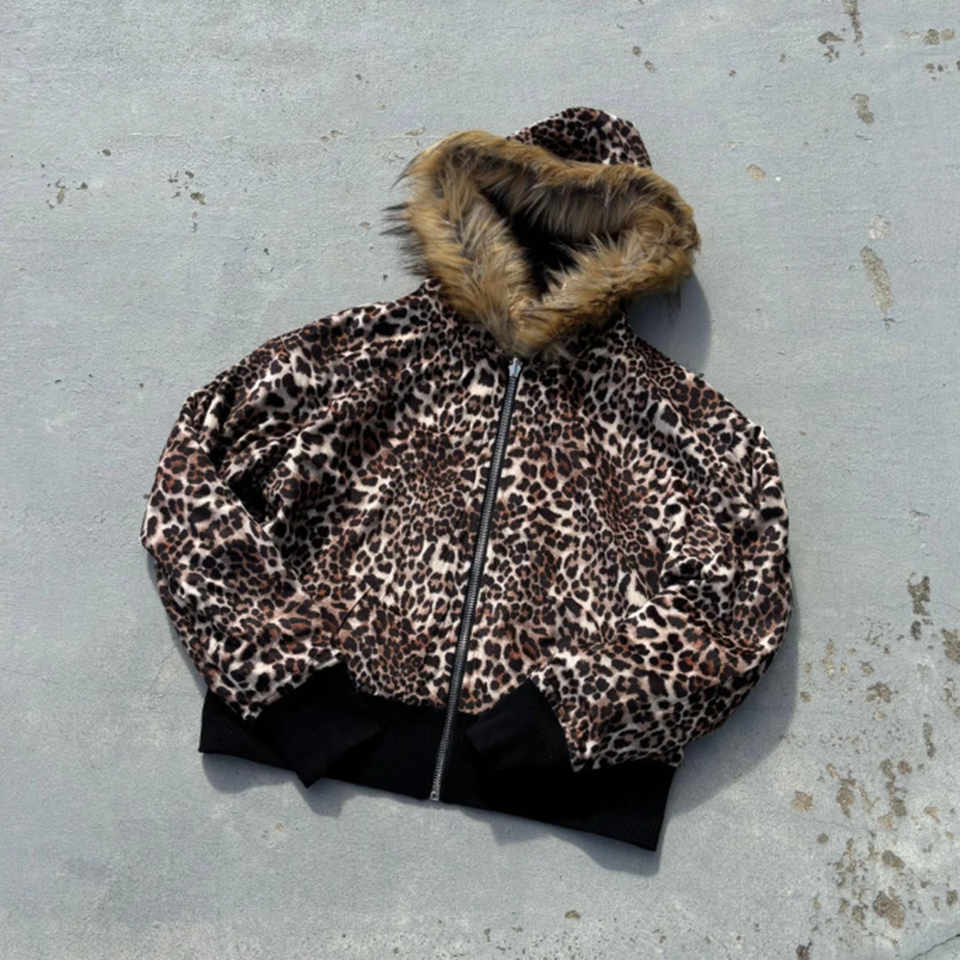 Jaqueta Dupla Face Retrô com Estampa de Leopardo para Homens e Mulheres 2026, Moletom com Zíper e Capuz para Aquecimento, Hoodie de Rua