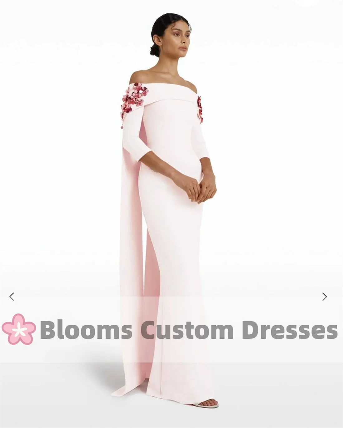 Blooms Off Shoulder Pink Crepe Customized Prom Dress With Sequin Flowers Evening Gown 3/4 Sleeves Cape Formal Party Gown