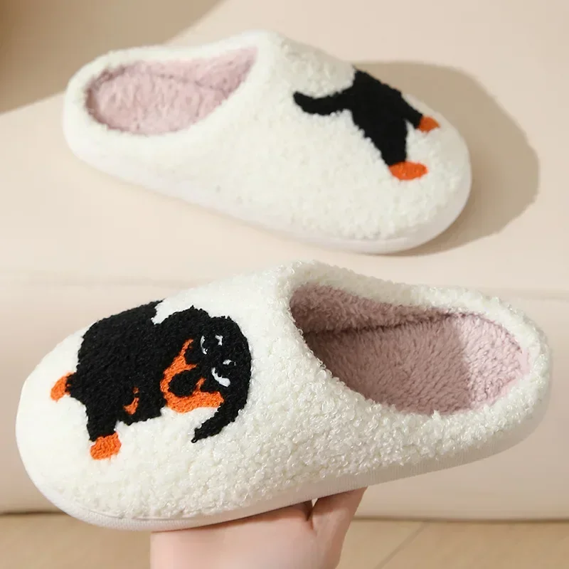 Pet Pattern Dachshund Embroidery Stuffed Home Thick Sole Plaid Furry Cotton Slippers  Cute Warm Non-slip Indoor Slippers Gift