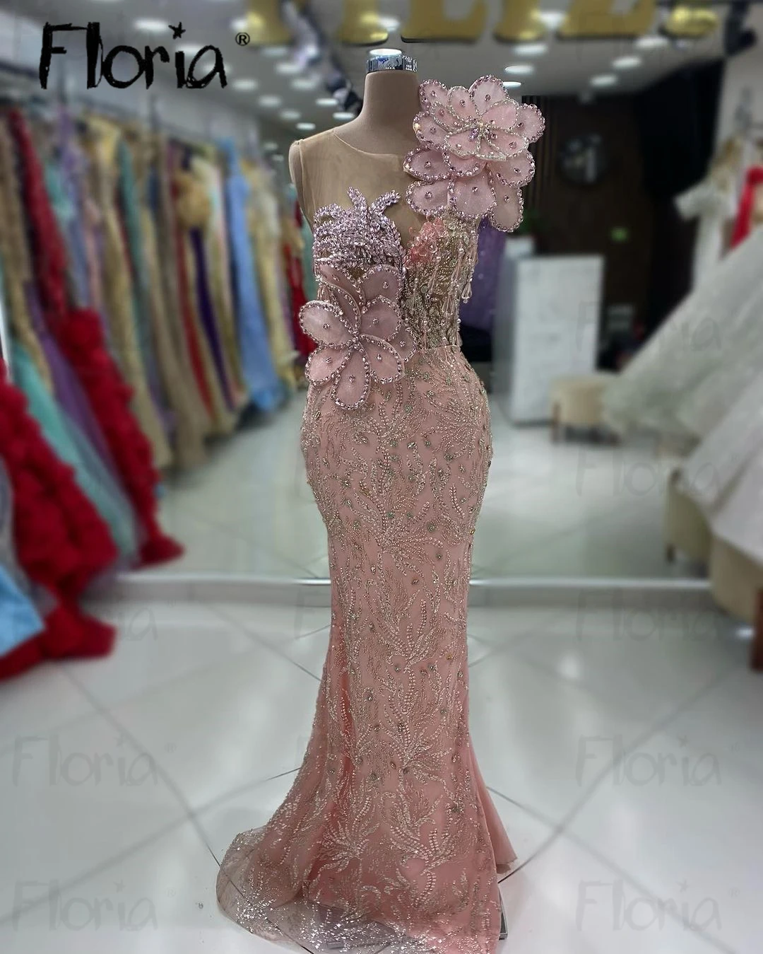 Floria Pink Party Dress for Women Beading Mermaid Sexy Sequin Night Robe 3D Appliques Formal Prom Dresses With Diamond Custom