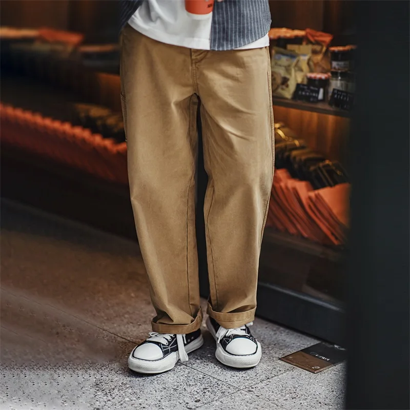 Maden Vintage Casual Pants for Men American Retro Khaki Lumberjack Pants Loose-fit Wide-leg Straight Pants for Men