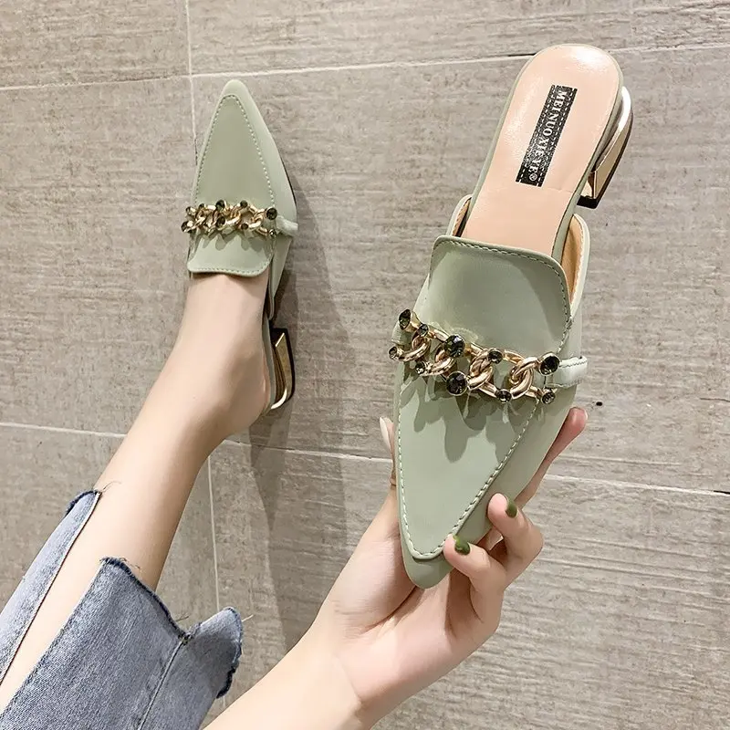 

Maogu Luxury Slides Square Toe Ladies Shoes Summer Fashion Footwear Square Low Heels Shoe Slides Slippers Women Chain Mules