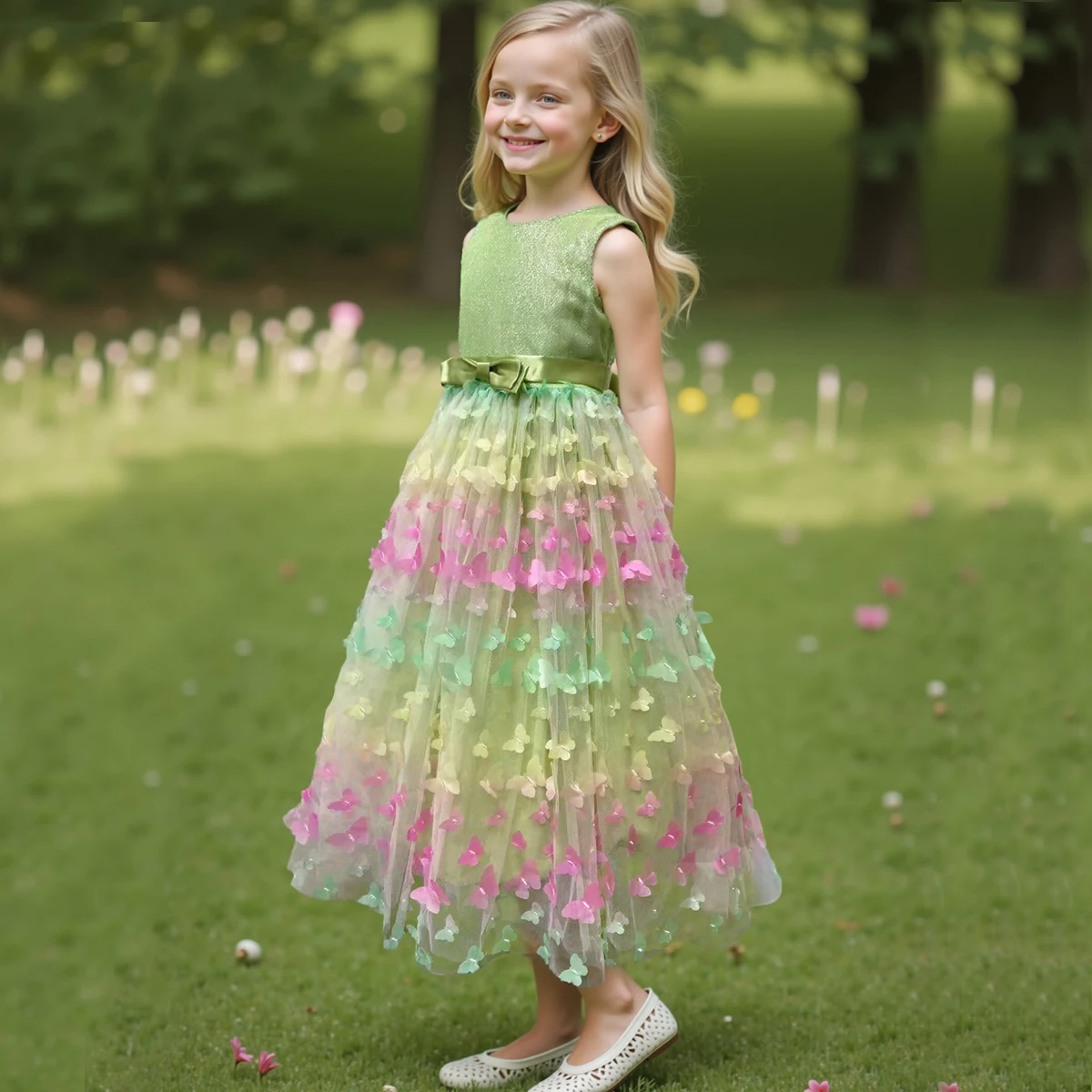 Girl's New Three-Dimensional Butterfly Sleeveless Mesh Bow Long Princess Dress Wedding Flower Girl Birthday Party Elf Dress